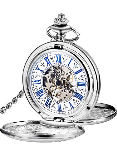 Reloj de Bolsillo Mecánico de Hombres de Esqueleto de Acero de Windup de Doble Capa de Esfera Romana Azul Steampunk (Plateado)