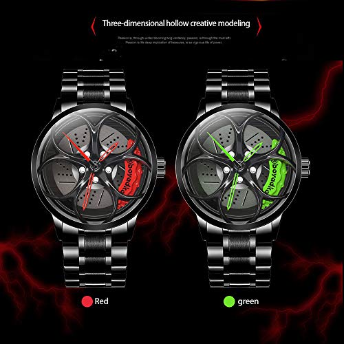 Reloj De Cubo De Llanta De Coche, Reloj Deportivo 3D para Rueda De Coche para Hombre, Reloj Deportivo Impermeable De Moda, Malla De Cuarzo para Hombre con Reloj De Cubo De Llanta (Black Green)