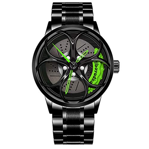 Reloj De Cubo De Llanta De Coche, Reloj Deportivo 3D para Rueda De Coche para Hombre, Reloj Deportivo Impermeable De Moda, Malla De Cuarzo para Hombre con Reloj De Cubo De Llanta (Black Green)
