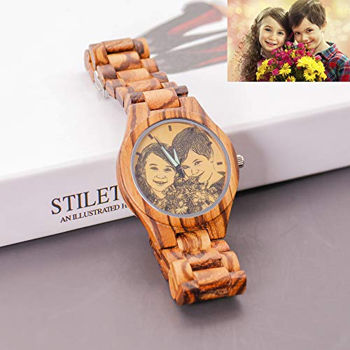 Reloj De Madera con Foto Personalizada, Pulsera con Nombre Grabado, Reloj Retro, Cumpleaños Personalizado, Día del Padre, Aniversario, Ideas para Parejas, Hombres, Mujeres (Marrón2-Hombres 45 mm)