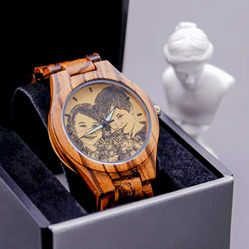 Reloj De Madera con Foto Personalizada, Pulsera con Nombre Grabado, Reloj Retro, Cumpleaños Personalizado, Día del Padre, Aniversario, Ideas para Parejas, Hombres, Mujeres (Marrón2-Hombres 45 mm)