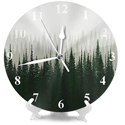 Reloj de Pared Bosque Redondo Relojes Decorativo Pino Escena de madera Naturaleza Niebla Niebla Mañana Árbol Misty Ambiente Reloj de pared Rústico Modern Modern Silent No Ticking 10 pulgadas 25 cm PVC