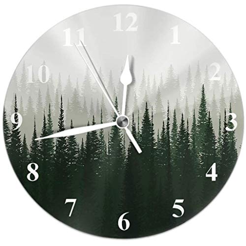 Reloj de Pared Bosque Redondo Relojes Decorativo Pino Escena de madera Naturaleza Niebla Niebla Mañana Árbol Misty Ambiente Reloj de pared Rústico Modern Modern Silent No Ticking 10 pulgadas 25 cm PVC