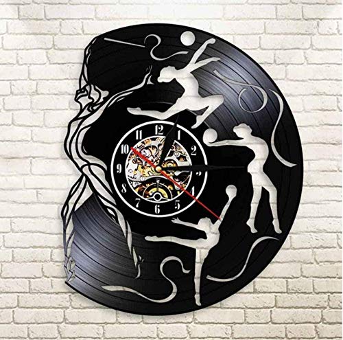 Reloj de Pared de Vinilo ChristmasGymnastics Sports Reloj de Pared de Vinilo 3D con Cinta de grogrén de Gimnasia rítmica Cool Girl Room Decoración Interior 30cm