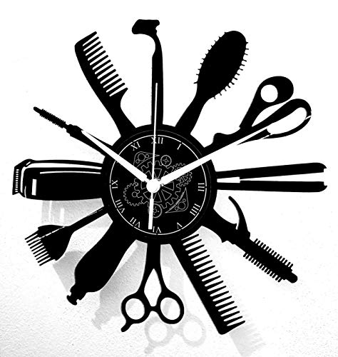 Reloj de pared de vinilo Decoración artesanal vintage Peluquería Diseño moderno Barba Belleza Hombre Mujer