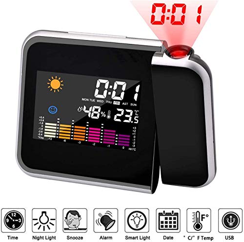Reloj de proyección Digital,Mmester LED Alarma, Reloj Modern Reloj Despertador Colourful Pantalla LCD Estación USB Meteorológica Termómetro Higrómetro Funciones de Repetición
