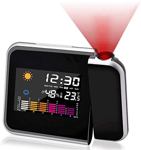 Reloj de proyección Digital,Mmester LED Alarma, Reloj Modern Reloj Despertador Colourful Pantalla LCD Estación USB Meteorológica Termómetro Higrómetro Funciones de Repetición