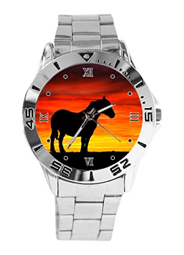 Reloj de Pulsera analógico con diseño de Silueta de Caballo y Puesta de Sol, Esfera Plateada de Cuarzo, Correa clásica de Acero Inoxidable para Hombre y Mujer