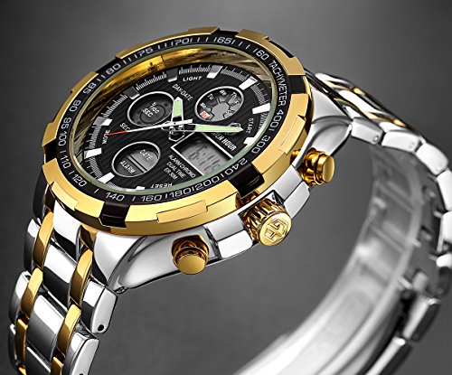 Reloj de pulsera analógico digital para hombre, de lujo, de acero inoxidable, resistente al agua, para hombres, LED, hombres, al aire libre, deportivo, militar, color plateado y dorado y negro