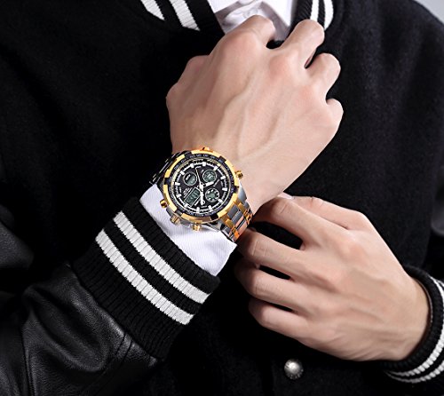 Reloj de pulsera analógico digital para hombre, de lujo, de acero inoxidable, resistente al agua, para hombres, LED, hombres, al aire libre, deportivo, militar, color plateado y dorado y negro