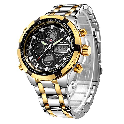 Reloj de pulsera analógico digital para hombre, de lujo, de acero inoxidable, resistente al agua, para hombres, LED, hombres, al aire libre, deportivo, militar, color plateado y dorado y negro