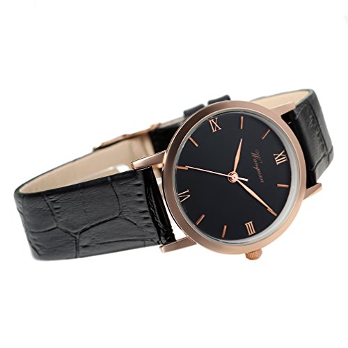 Reloj de Pulsera para Hombre y Mujer, Cuarzo Analógico con Números Romanos, Tono Oro Rosa y Correa de Piel Negra, Avaner Reloj de Pulsera para Hombre y Mujer, Cuarzo Analógico con Números Romanos, Tono Oro Rosa y Correa de Piel Negra, Avaner