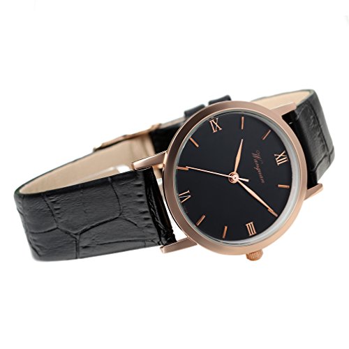 Reloj de Pulsera para Hombre y Mujer, Cuarzo Analógico con Números Romanos, Tono Oro Rosa y Correa de Piel Negra, Avaner