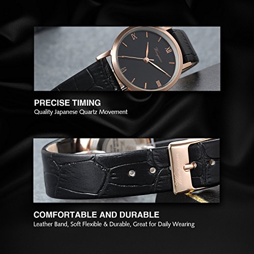 Reloj de Pulsera para Hombre y Mujer, Cuarzo Analógico con Números Romanos, Tono Oro Rosa y Correa de Piel Negra, Avaner