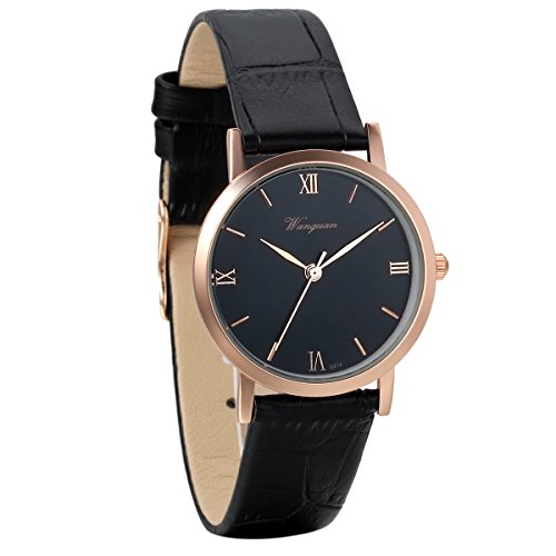 Reloj de Pulsera para Hombre y Mujer, Cuarzo Analógico con Números Romanos, Tono Oro Rosa y Correa de Piel Negra, Avaner