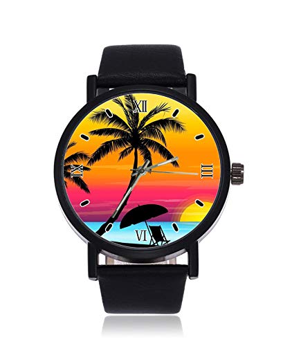 Reloj de Pulsera para Hombre y Mujer, diseño de Atardecer en la Playa con Palmeras y póster de Dibujo, Reloj de Cuarzo Deportivo para Mujer y Hombre, Resistente al Agua, Unisex