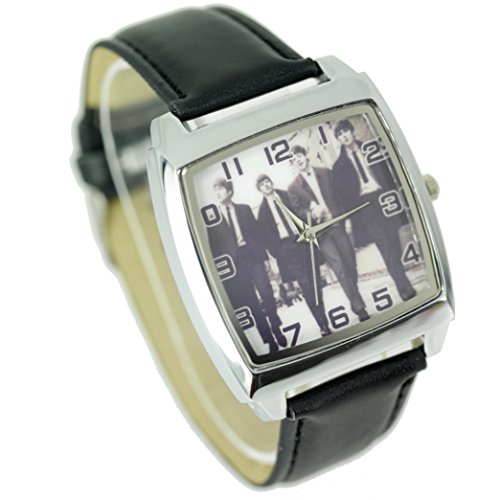 Reloj de pulsera Taport® con diseño de The Beatles de cuarzo cuadrado, con malla de cuero real, batería de repuesto y bolsa de regalo