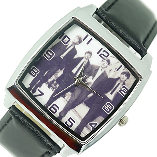 Reloj de pulsera Taport® con diseño de The Beatles de cuarzo cuadrado, con malla de cuero real, batería de repuesto y bolsa de regalo