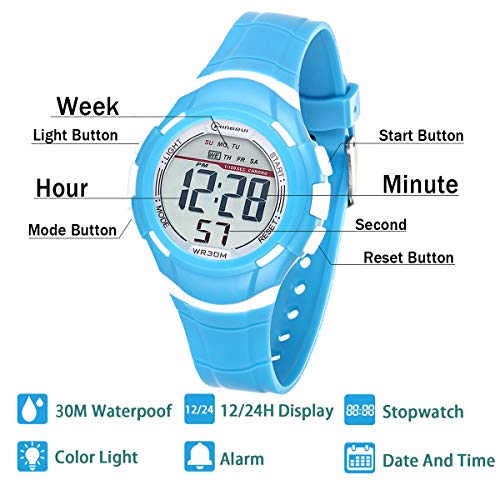 Reloj Digital Deportivo para Niños, Reloj de Pulsera Niña Multifunción con Pantalla LED Impermeable 30M para Niños, Niñas Reloj Infantil Aprendizaje para Niños 4-15 Años (Azul)