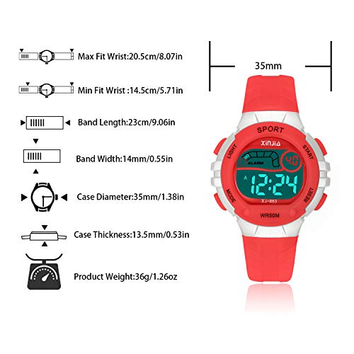 Reloj Digital para Niña Niño,Chicos Chicas 50M(5ATM) Impermeabl Deportes al Aire Libre LED Multifuncionales Relojes de Pulsera con Alarma para Niños,Niñas (Rojo)