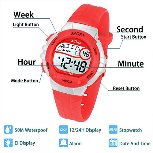 Reloj Digital para Niña Niño,Chicos Chicas 50M(5ATM) Impermeabl Deportes al Aire Libre LED Multifuncionales Relojes de Pulsera con Alarma para Niños,Niñas (Rojo)