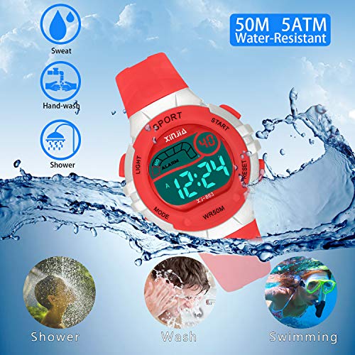 Reloj Digital para Niña Niño,Chicos Chicas 50M(5ATM) Impermeabl Deportes al Aire Libre LED Multifuncionales Relojes de Pulsera con Alarma para Niños,Niñas (Rojo)