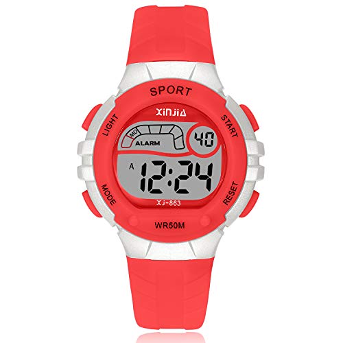Reloj Digital para Niña Niño,Chicos Chicas 50M(5ATM) Impermeabl Deportes al Aire Libre LED Multifuncionales Relojes de Pulsera con Alarma para Niños,Niñas (Rojo)
