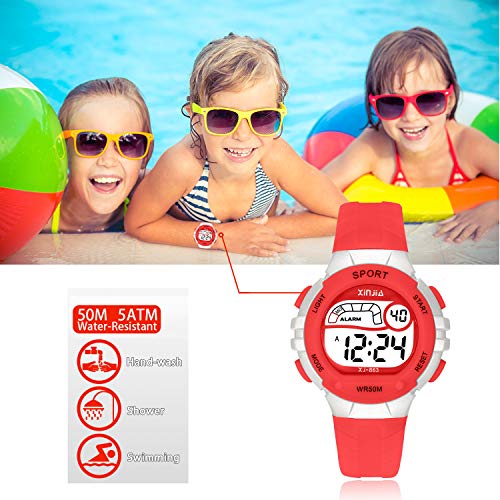 Reloj Digital para Niña Niño,Chicos Chicas 50M(5ATM) Impermeabl Deportes al Aire Libre LED Multifuncionales Relojes de Pulsera con Alarma para Niños,Niñas (Rojo)