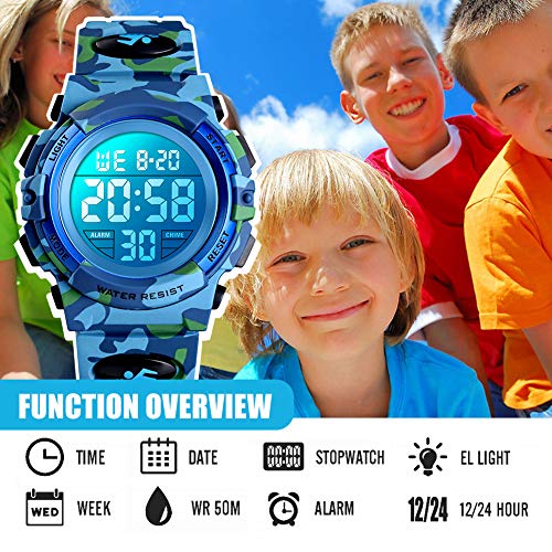 Reloj digital para niños, Chico Relojes deportivos impermeables para niño con alarma/cronómetro/12-24 h, Relojes de pulsera para niños jóvenes adolescentes LED electrónico - Camuflaje