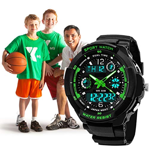 Reloj digital para niños con 12/24 horas/Alarma/cronómetro, niños deportes al aire libre analógico relojes de pulsera para adolescentes niños regalos verde