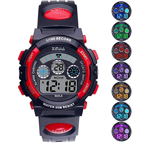 Reloj Digital para Niños,Niños Niñas 50M (5ATM) Impermeable 7 Colores LED Relojes Deportivos Multifuncionales para Exteriores con Alarma (Negro Rojo)