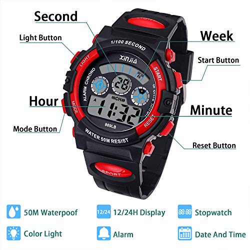 Reloj Digital para Niños,Niños Niñas 50M (5ATM) Impermeable 7 Colores LED Relojes Deportivos Multifuncionales para Exteriores con Alarma (Negro Rojo) Reloj Digital para Niños,Niños Niñas 50M (5ATM) Impermeable 7 Colores LED Relojes Deportivos Multifuncionales para Exteriores con Alarma (Negro Rojo)