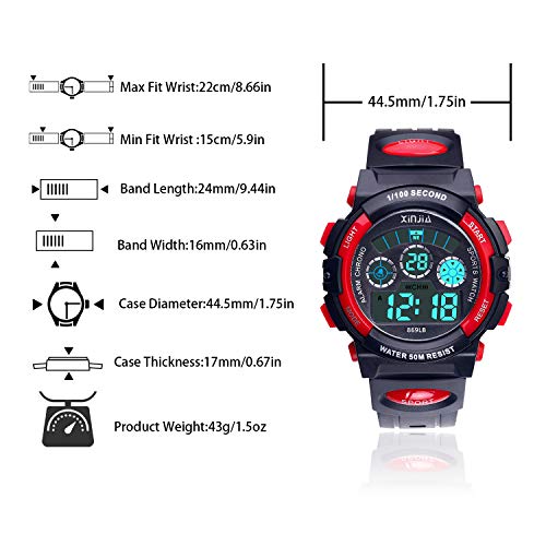 Reloj Digital para Niños,Niños Niñas 50M (5ATM) Impermeable 7 Colores LED Relojes Deportivos Multifuncionales para Exteriores con Alarma (Negro Rojo) Reloj Digital para Niños,Niños Niñas 50M (5ATM) Impermeable 7 Colores LED Relojes Deportivos Multifuncionales para Exteriores con Alarma (Negro Rojo)