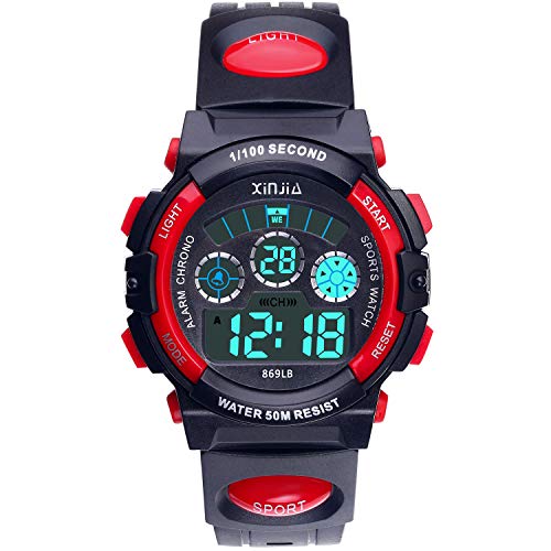 Reloj Digital para Niños,Niños Niñas 50M (5ATM) Impermeable 7 Colores LED Relojes Deportivos Multifuncionales para Exteriores con Alarma (Negro Rojo)