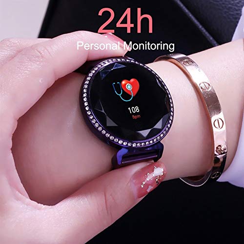 Reloj inteligente para mujer, pulsera inteligente, pulsera de actividad física, banda de diamante con frecuencia cardíaca, control del sueño, compatible con iOS y Android (color: morado)
