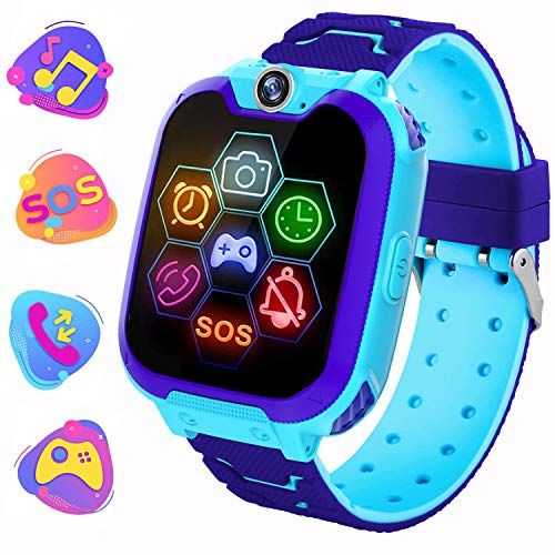 Reloj Inteligente para Niños de Pantalla Táctil con Juego de Música - Smartwatch para Niños Niña 3-12 Años (Tarjeta SD de 1GB incluida Relojes Inteligentes con Llamada SOS Cámara calculadora,Azul