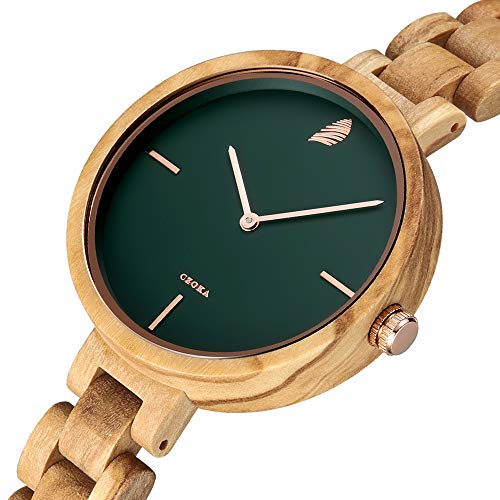 Reloj Madera Mujer, CZOKA 100% Hecho a Mano Natural de Nogal Negro/Oliva/ébano Reloj Mujer Madera Analógico Cuarzo Japonés con Correa de Madera, Ligero, Minimalista