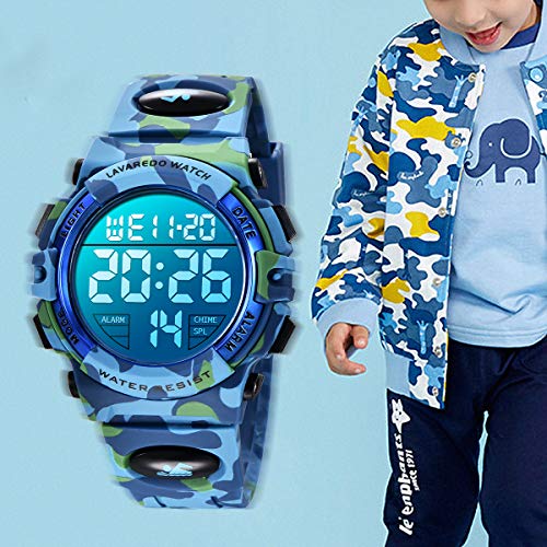 Reloj niños, Reloj para Niños Digital Sport Multifunción Cronógrafo LED 50M Impermeable Alarma Reloj analógico para Niños con Banda De Silicona Azul Militar