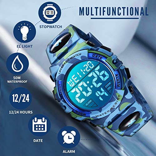 Reloj niños, Reloj para Niños Digital Sport Multifunción Cronógrafo LED 50M Impermeable Alarma Reloj analógico para Niños con Banda De Silicona Azul Militar