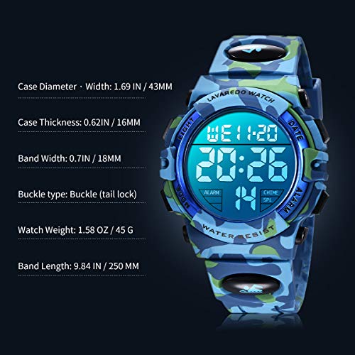 Reloj niños, Reloj para Niños Digital Sport Multifunción Cronógrafo LED 50M Impermeable Alarma Reloj analógico para Niños con Banda De Silicona Azul Militar