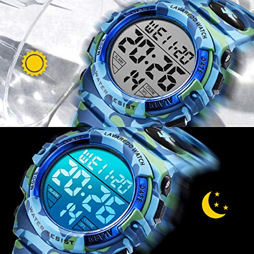 Reloj niños, Reloj para Niños Digital Sport Multifunción Cronógrafo LED 50M Impermeable Alarma Reloj analógico para Niños con Banda De Silicona Azul Militar