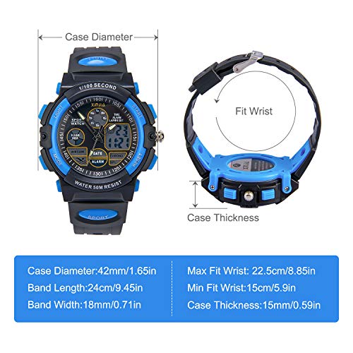 Reloj para Niños, Reloj de Pulsera Analógico Digital Reloj Deportivo 50M Impermeable para Exteriores con Alarma/Cronómetro/luz LED para Adolescentes (Negro-Azul)