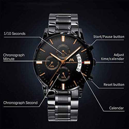 Relojes de Hombre Reloje Grandes de Pulsera Military Negro Cronógrafo Impermeable Acero Inoxidable Reloj para Hombres Calendario Analógico