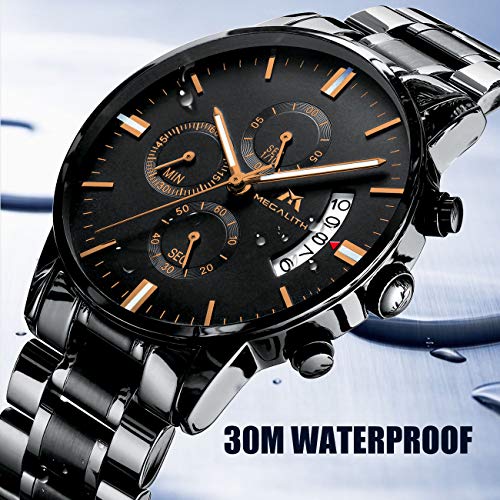 Relojes de Hombre Reloje Grandes de Pulsera Military Negro Cronógrafo Impermeable Acero Inoxidable Reloj para Hombres Calendario Analógico