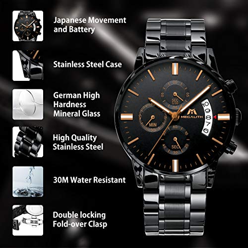 Relojes de Hombre Reloje Grandes de Pulsera Military Negro Cronógrafo Impermeable Acero Inoxidable Reloj para Hombres Calendario Analógico