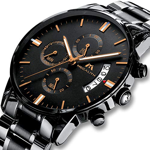 Relojes de Hombre Reloje Grandes de Pulsera Military Negro Cronógrafo Impermeable Acero Inoxidable Reloj para Hombres Calendario Analógico