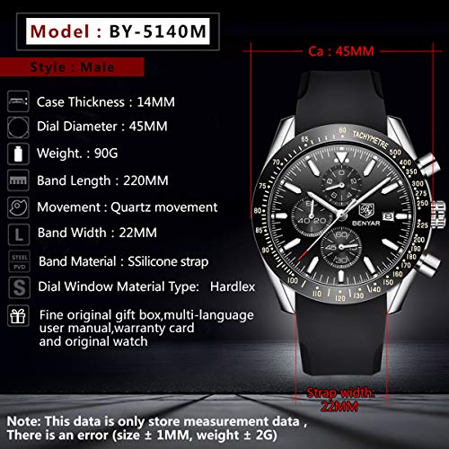 Relojes Hombre BENYAR Cronógrafo Analógico Cuarzo 3bar Impermeable Silicona Deportivo Diseño Casual de Negocios Relojes de Pulsera Regalo Elegante para Hombre