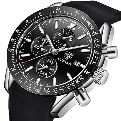 Relojes Hombre BENYAR Cronógrafo Analógico Cuarzo 3bar Impermeable Silicona Deportivo Diseño Casual de Negocios Relojes de Pulsera Regalo Elegante para Hombre