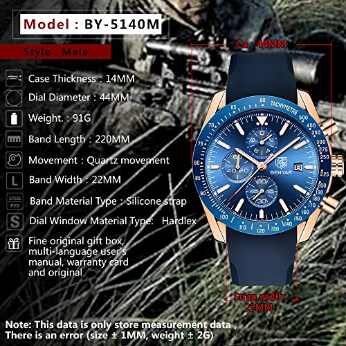 Relojes Hombre BENYAR Cronógrafo Analógico Cuarzo 3bars Impermeable Silicona Deportivo Diseño Casual de Negocios Relojes de Pulsera Regalo Elegante para Hombre