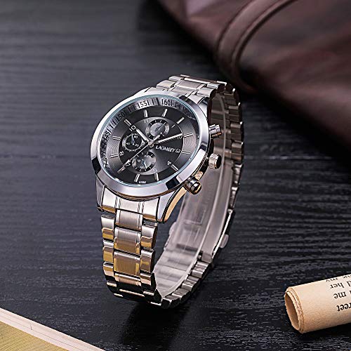 Relojes Hombre Cronógrafo Decorativo Sencillo con Correa de Acero Inoxidable Plateado, Negro